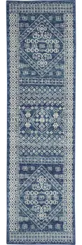 8' Navy Blue And Ivory Tribal Runner Rug