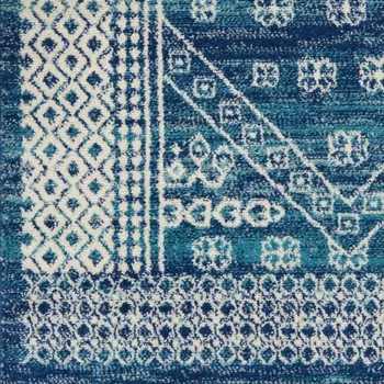 8' Navy Blue And Ivory Tribal Runner Rug