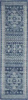 8' Navy Blue And Ivory Tribal Runner Rug