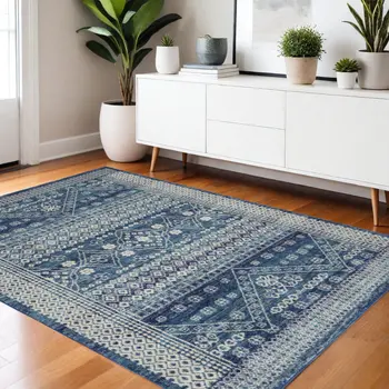 4' X 6' Navy Blue And Ivory Tribal Area Rug