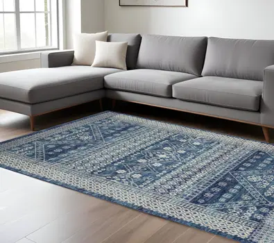 8' X 10' Navy Blue And Ivory Tribal Area Rug