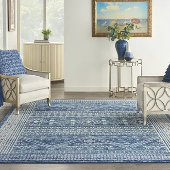 8' X 10' Navy Blue And Ivory Tribal Area Rug