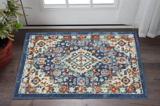 2' X 3' Blue And Ivory Medallion Area Rug