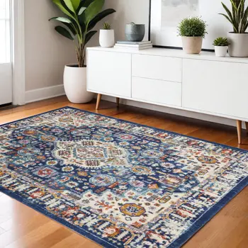 4' X 6' Blue And Ivory Medallion Area Rug