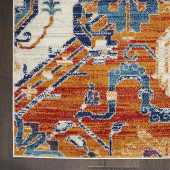 5' X 7' Blue And Orange Floral Area Rug