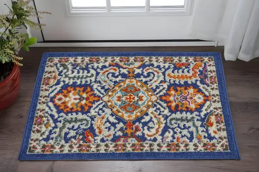 2' X 3' Blue And Ivory Oriental Area Rug