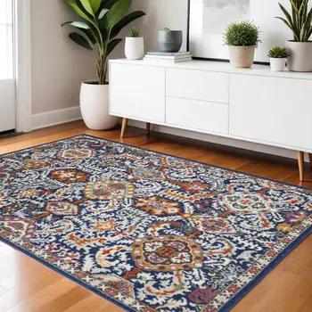 4' X 6' Blue And Ivory Oriental Area Rug