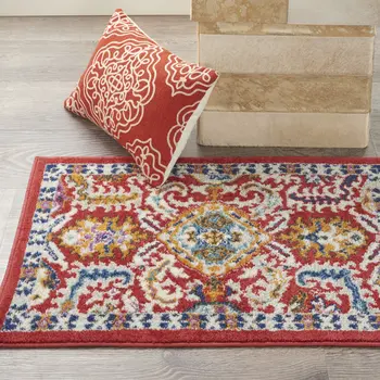 2' X 3' Red And Ivory Damask Area Rug