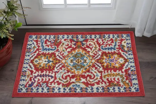 2' X 3' Red And Ivory Damask Area Rug