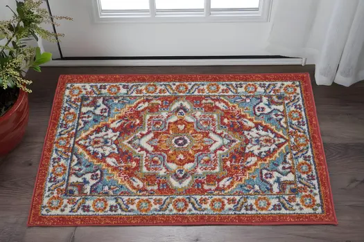 2' X 3' Red And Ivory Medallion Distressed Area Rug