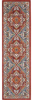 8' Red And Ivory Medallion Distressed Runner Rug