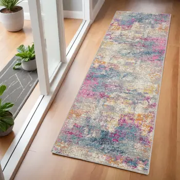6' Ivory And Blue Abstract Runner Rug