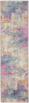 6' Ivory And Blue Abstract Runner Rug