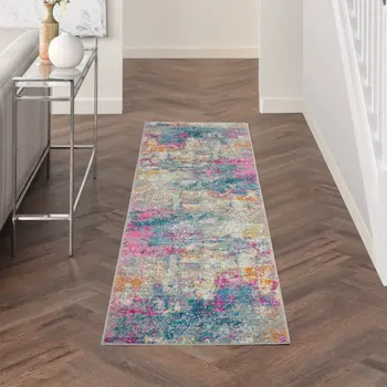10' Ivory And Blue Abstract Runner Rug