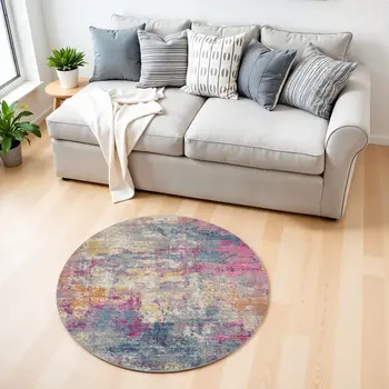 4' Ivory And Blue Abstract Round Rug