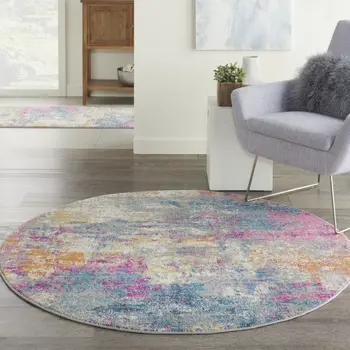4' Ivory And Blue Abstract Round Rug