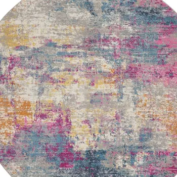 4' Ivory And Blue Abstract Round Rug