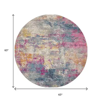 5' Ivory And Blue Abstract Round Rug