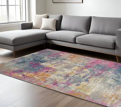 7' X 10' Ivory And Blue Abstract Area Rug