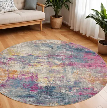 8' Ivory And Blue Abstract Round Rug