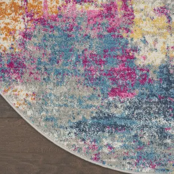 8' Ivory And Blue Abstract Round Rug