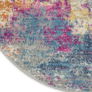 8' Ivory And Blue Abstract Round Rug