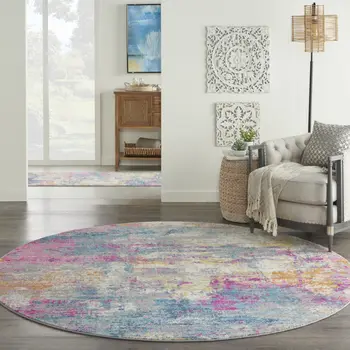 8' Ivory And Blue Abstract Round Rug