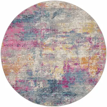 8' Ivory And Blue Abstract Round Rug