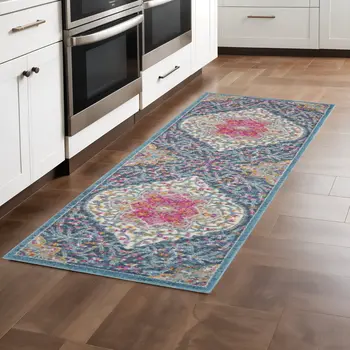 8' Blue And Ivory Medallion Distressed Runner Rug
