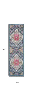8' Blue And Ivory Medallion Distressed Runner Rug