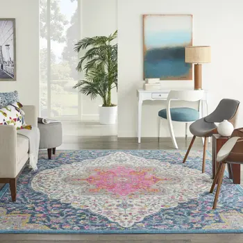 8' X 10' Blue And Ivory Medallion Distressed Area Rug