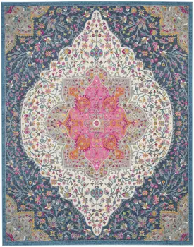 8' X 10' Blue And Ivory Medallion Distressed Area Rug