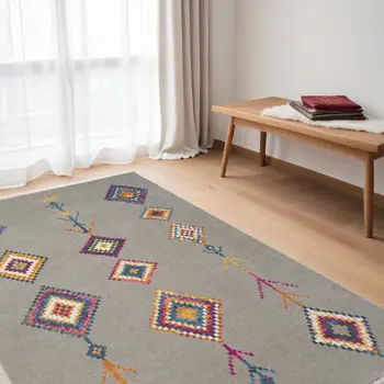 5' X 7' Gray Blue And Orange Tribal Area Rug