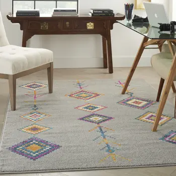 5' X 7' Gray Blue And Orange Tribal Area Rug