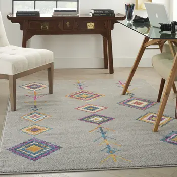 5' X 7' Gray Blue And Orange Tribal Area Rug