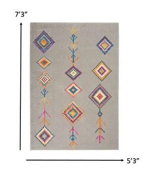 5' X 7' Gray Blue And Orange Tribal Area Rug