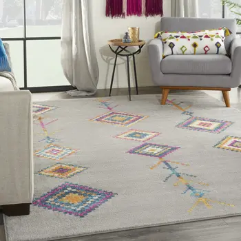 7' X 10' Gray Blue And Orange Tribal Area Rug