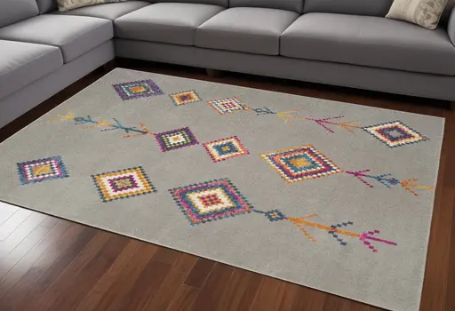 7' X 10' Gray Blue And Orange Tribal Area Rug