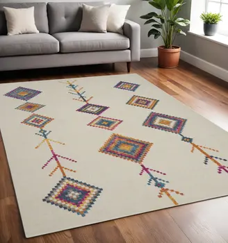 5' X 7' Blue Ivory And Pink Geometric Area Rug