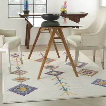5' X 7' Blue Ivory And Pink Geometric Area Rug