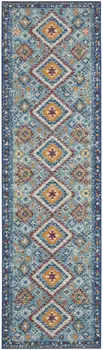 8' Blue And Orange Geometric Runner Rug