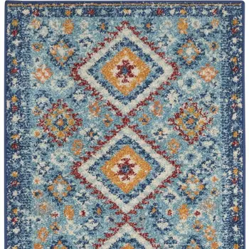 8' Blue And Orange Geometric Runner Rug
