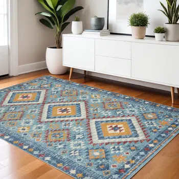 4' X 6' Blue And Orange Geometric Area Rug