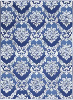 5' X 7' Blue And Ivory Damask Distressed Area Rug