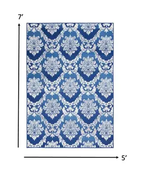 5' X 7' Blue And Ivory Damask Distressed Area Rug
