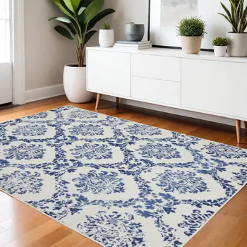 4' X 6' Ivory And Blue Damask Distressed Area Rug