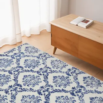 4' X 6' Ivory And Blue Damask Distressed Area Rug