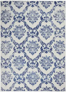 6' X 9' Ivory And Blue Damask Distressed Area Rug