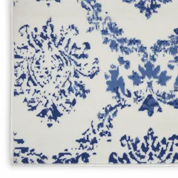 6' X 9' Ivory And Blue Damask Distressed Area Rug
