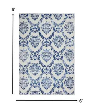 6' X 9' Ivory And Blue Damask Distressed Area Rug